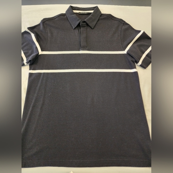 NWOT Bugatchi Men's Black Polo Shirt Short Sleeve White Stripes Detail, sz LG - Picture 8 of 12